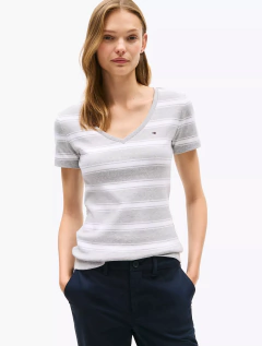 Camiseta Tommy Hilfiger Feminina Cinza Listras Gola V - comprar online