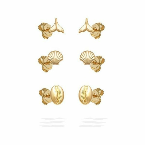 Kit Trio Mini Brincos Cauda / Concha / Búzio - Banhado à Ouro ≋⎈