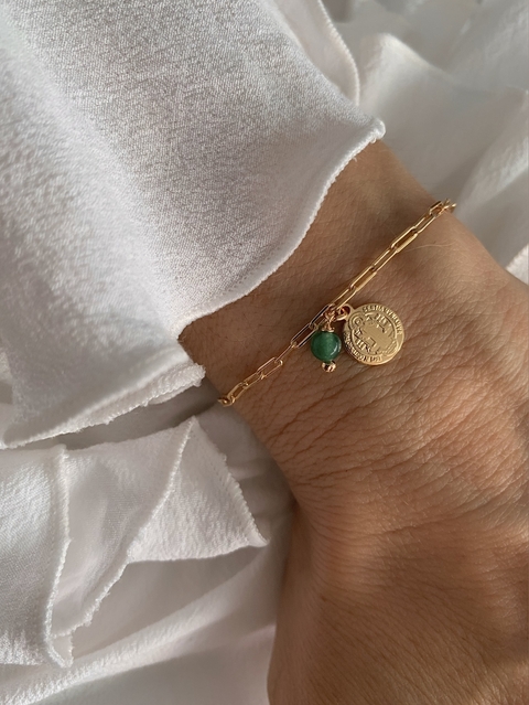 Pulseira Corrente Cadeados Medalha São Bento 8mm Dupla Face c/ Pedra Natural Quartzo Verde - Banhada à Ouro ☼