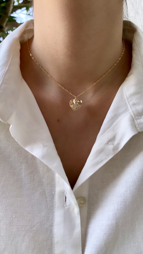 Gargantilha Cingapura c/ Pingente Coração Martelado - Banhada à Ouro / Prata 925 ☆