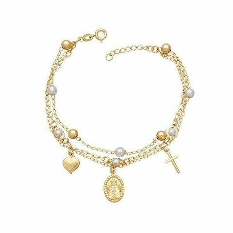 Pulseira Corrente Tripla c/ Cruz, Coração e Nossa Senhora Aparecida - Banhada à Ouro ≋⎈