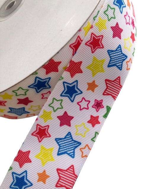 Fita gorgurão estampada estrela coloridas com fundo branco 38mm - 1 metro