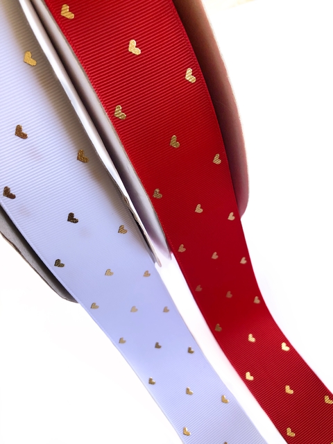 Fita gorgurão yama com coração dourado 38mm - 1 metro