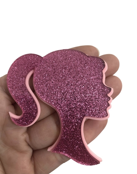 Aplique Barbie rosa glitter e rosa claro acrílico curvada - 1 unidade