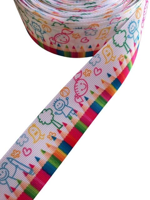 Fita gorgurão estampada lápis com desenhos 38mm - 1 metro