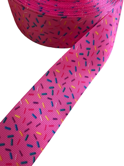 Fita gorgurão estampada granulado com fundo rosa 38mm - 2 metros
