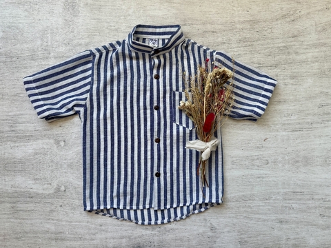 CAMISA DE LINO CUELLO MAO RAYADA AZUL