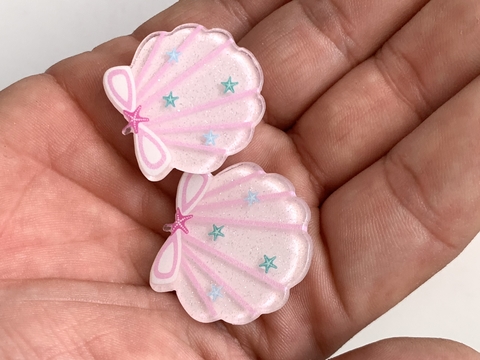 APLIQUE CONCHA ACRÍLICO GLITTER ROSA BEBÊ - 2 UNIDADES