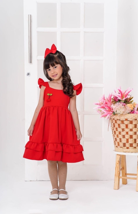 Vestido Infantil vermelho Natal Cerejinha + laço de cabelo