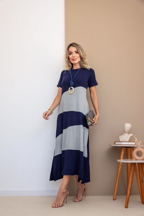 Vestido bicolor Livia ,Viscolycra único (38 ao 46)Marinho com mescla