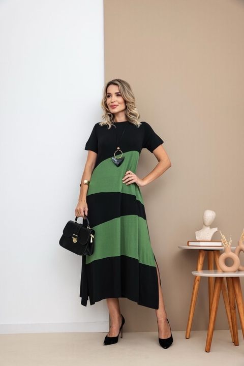 Vestido bicolor Livia ,Viscolycra único (38 ao 46) preto e verde