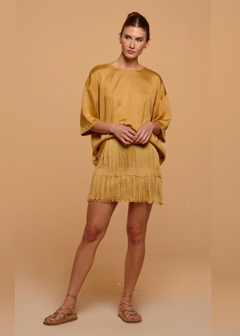 Saia Curta Tricot Fleurs Franjas Blforyou