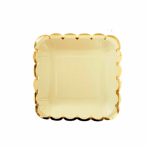 plato cuadrado amarillo pastel con borde dorado x8