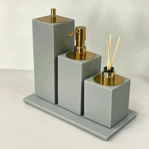 Kit de banheiro 3 peças + bandeja 14x28 em resina cinza fosco com dourado