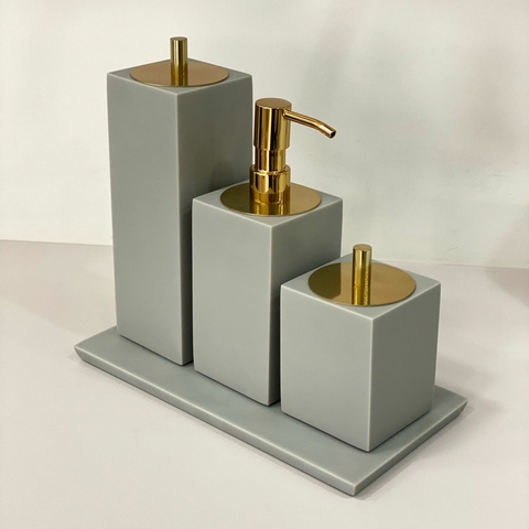 Kit de banheiro 3 peças + bandeja 14x28 em resina cinza fosco com dourado