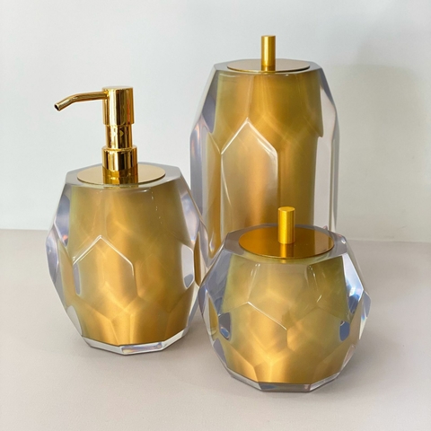 Kit de banheiro 3 peças em resina lapidado Cristal dourado com Dourado