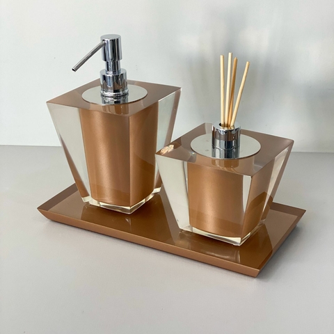 Kit lavabo 2 peças + Bandeja 14x28 em resina Torre Cristal marrom claro com Cromado