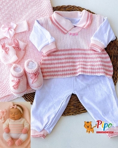 Saída maternidade feminina tricô 7 peças Rosa bebê listras rosê - comprar online