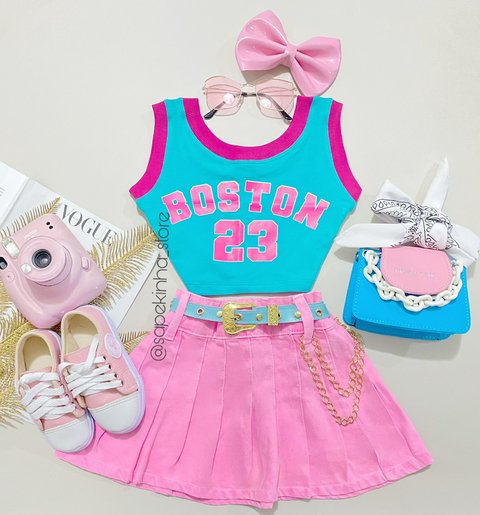 Saia jeans collor com correntinha