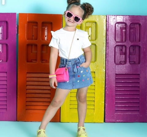 Saia jeans bordada coração - comprar online