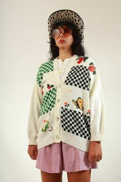 Cardigan branco recortes xadrez color - loja online