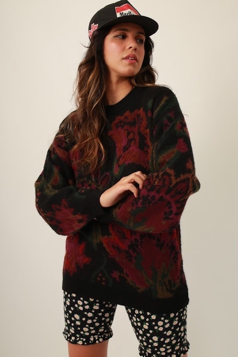 Pulôver preto flores vinho vintage macio