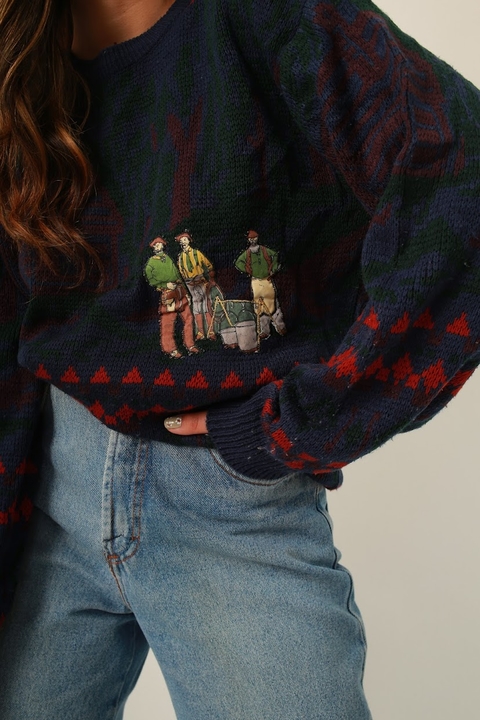 Pulôver bordado frente vintage azul