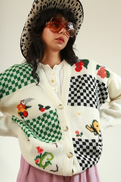 Cardigan branco recortes xadrez color