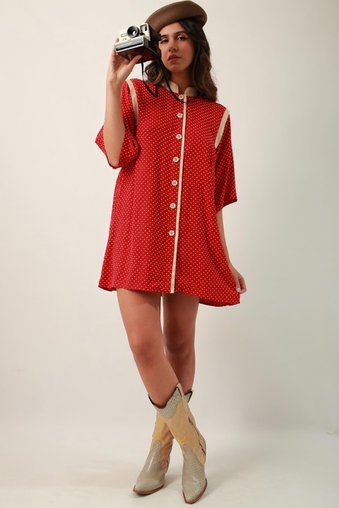 Vestido poa vermelho com bege vintage