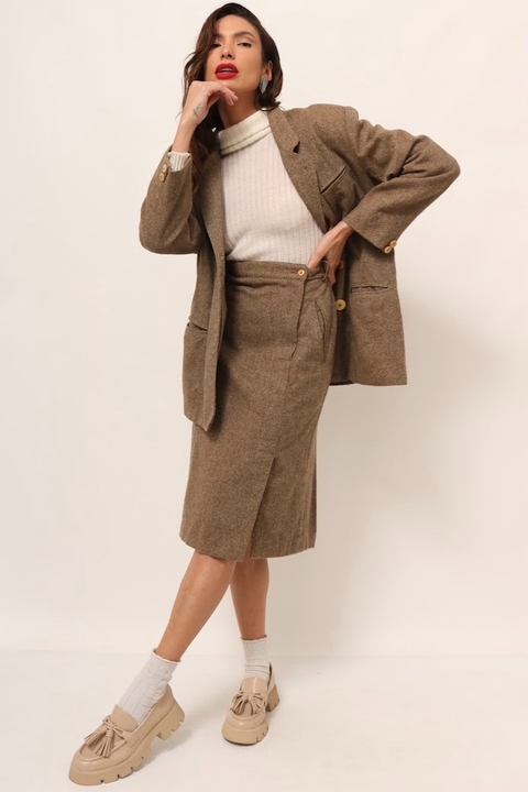 conjunto saia + blazer vintage bege floquinhos