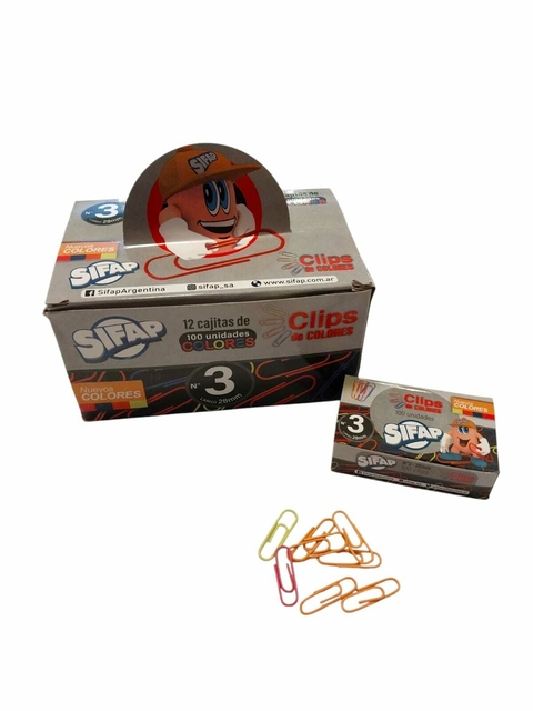 Clips Colores Sifap. 12 cajitas de 100 unidades.