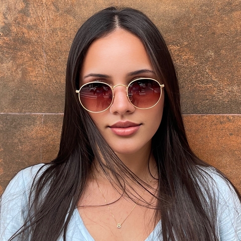 Óculos de Sol Feminino em Metal Dourado c Marrom
