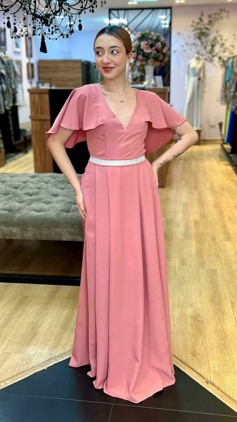 Vestido em Crepe Goya Rose Escuro + Cinto Strass (Cinto Removíveis)