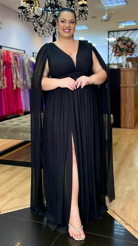 Vestido em Microtule Angelina Preto Plus (Capa e Faixa Cintura Removivel)