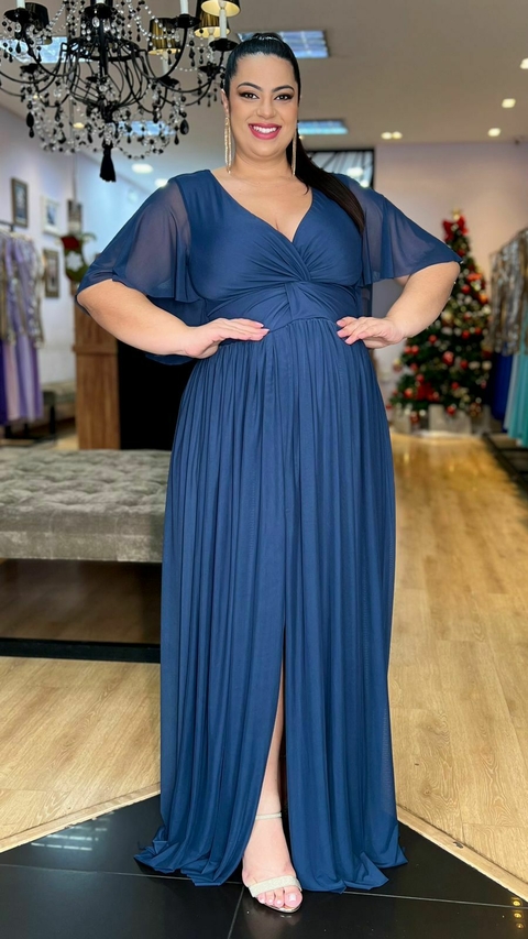 Vestido em tule Giah Azul Marinho Plus