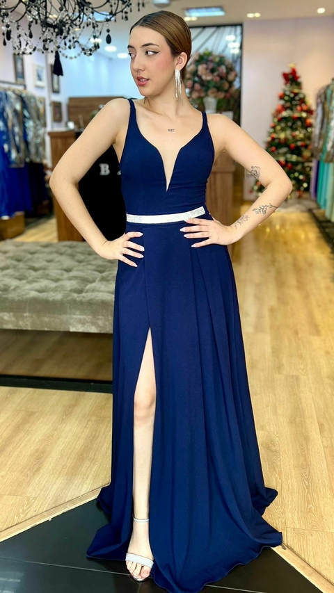 Vestido em Crepe Pieve Marinho + Cinto Strass (Cinto Removíveis)