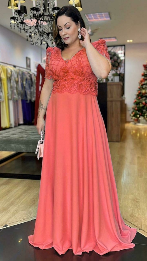 Vestido em Tule Bordado Augusta Laranja Plus