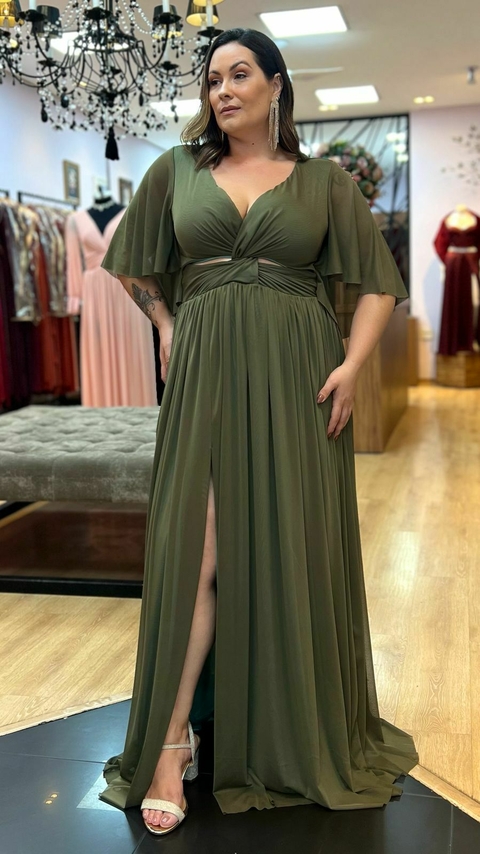Vestido em tule Giah Verde Oliva Escuro Plus - comprar online