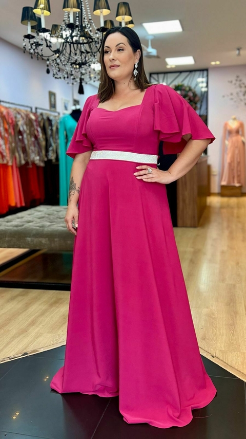 Vestido em Crepe Amalia Pink Plus + Cinto Strass (Mangas e Cinto Removíveis) - comprar online