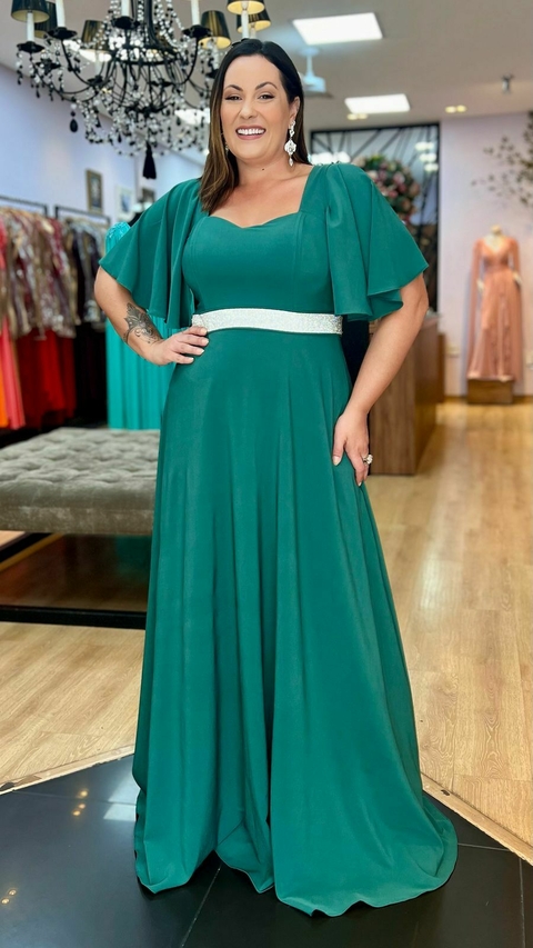 Vestido em Crepe Amalia Verde Escuro Plus + Cinto Strass (Mangas e Cinto Removíveis) - comprar online