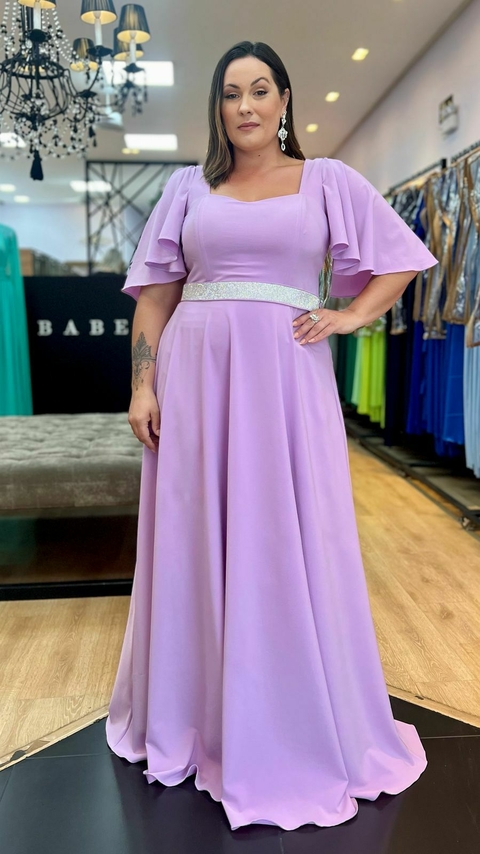 Vestido em Crepe Amalia Lilás Plus + Cinto Strass (Mangas e Cinto Removíveis) - comprar online