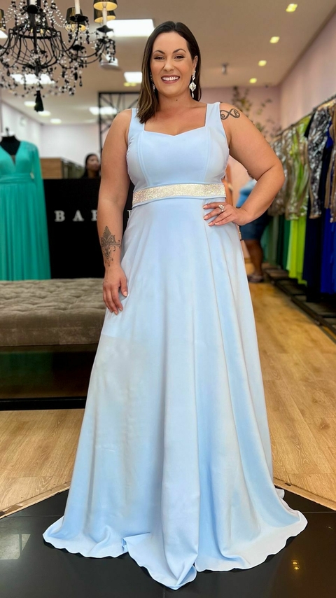 Vestido em Crepe Amalia Azul Serenity Plus + Cinto Strass (Mangas e Cinto Removíveis) - comprar online