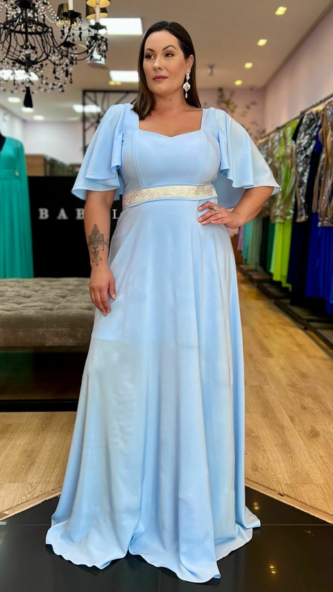 Vestido em Crepe Amalia Azul Serenity Plus + Cinto Strass (Mangas e Cinto Removíveis) - comprar online