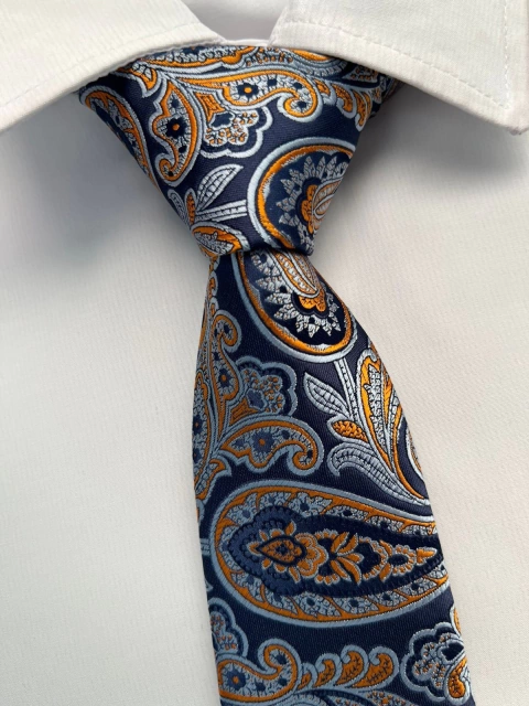 Gravata Semi Slim Kashmir Azul e Laranja - 2400 Fios
