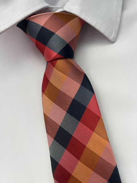 Gravata Xadrez Semi Slim Laranja Multicor