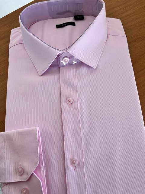 Camisa Social Slim Fit Rosa Riscadinha