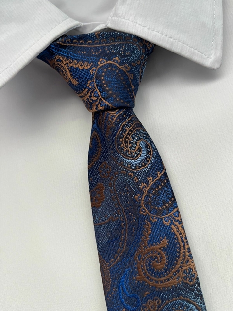 Gravata Slim Kashmir Azul e Marrom - 2400 fios
