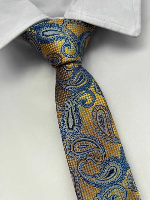 Gravata Slim Kashmir Dourada e Azul - 2400 fios