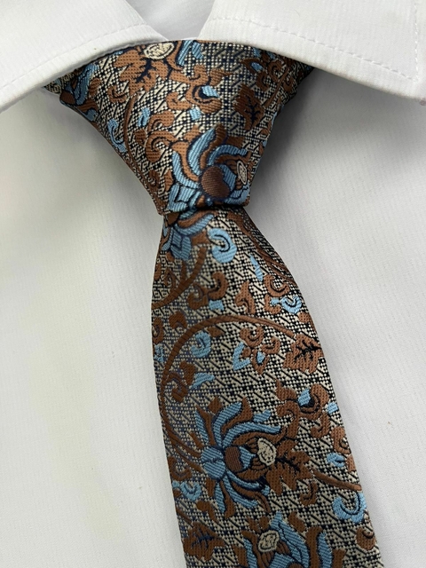 Gravata Slim Kashmir Marrom e Azul Lançamento - 2400 fios