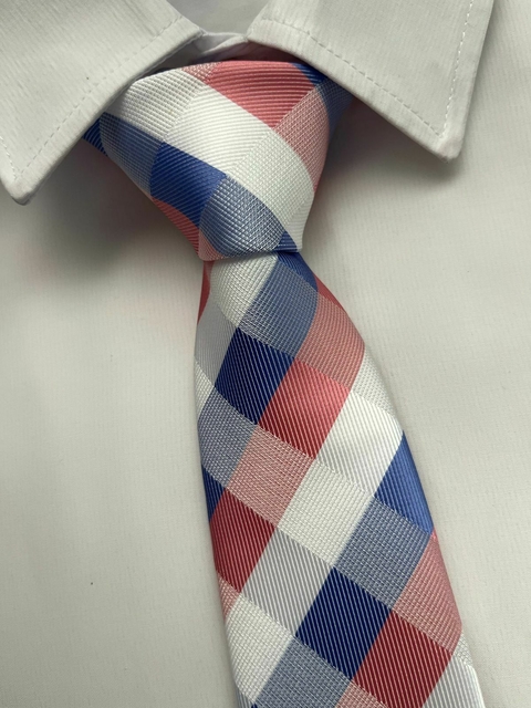 Gravata Xadrez Semi Slim Branca e Rosa - 1200 Fios - comprar online